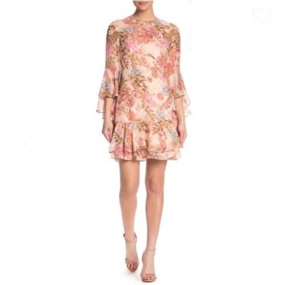 NWT! 🌺 $148 Eliza J Blush Pink Floral Bell Sleeve Ruffled Chiffon Shift Dress 8